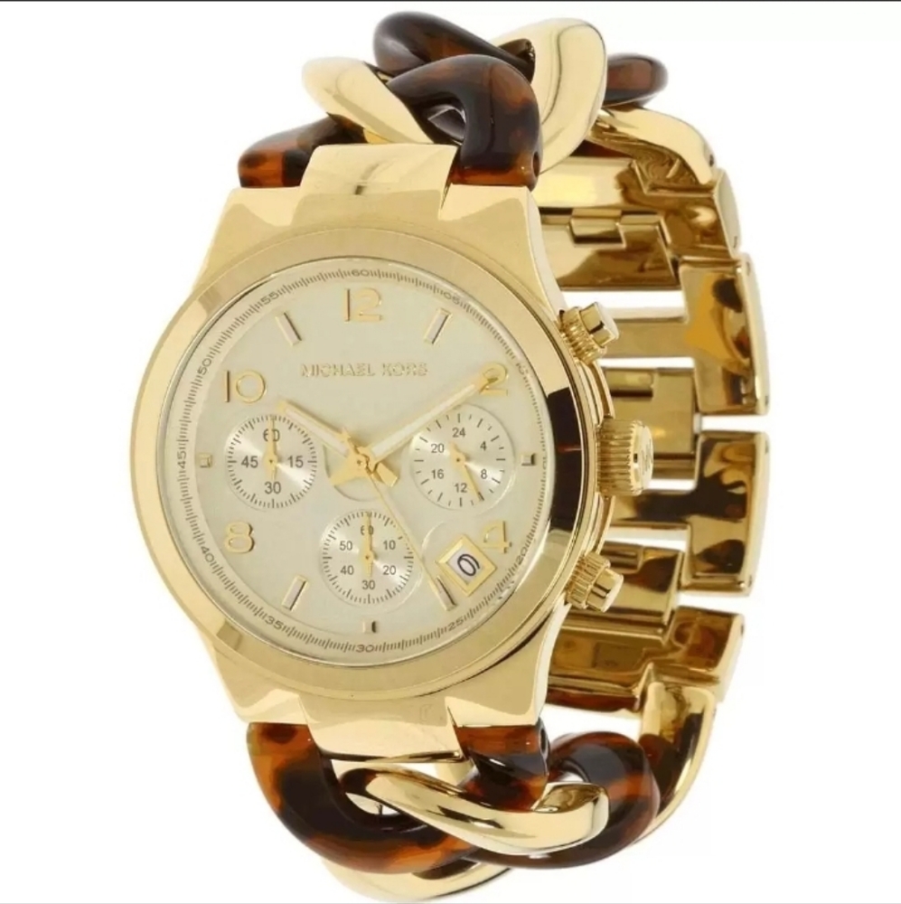 NWT Michael Kors Chain Link Acrylic Gold-Tone Tortoise Shell Ladies Watch MK4222